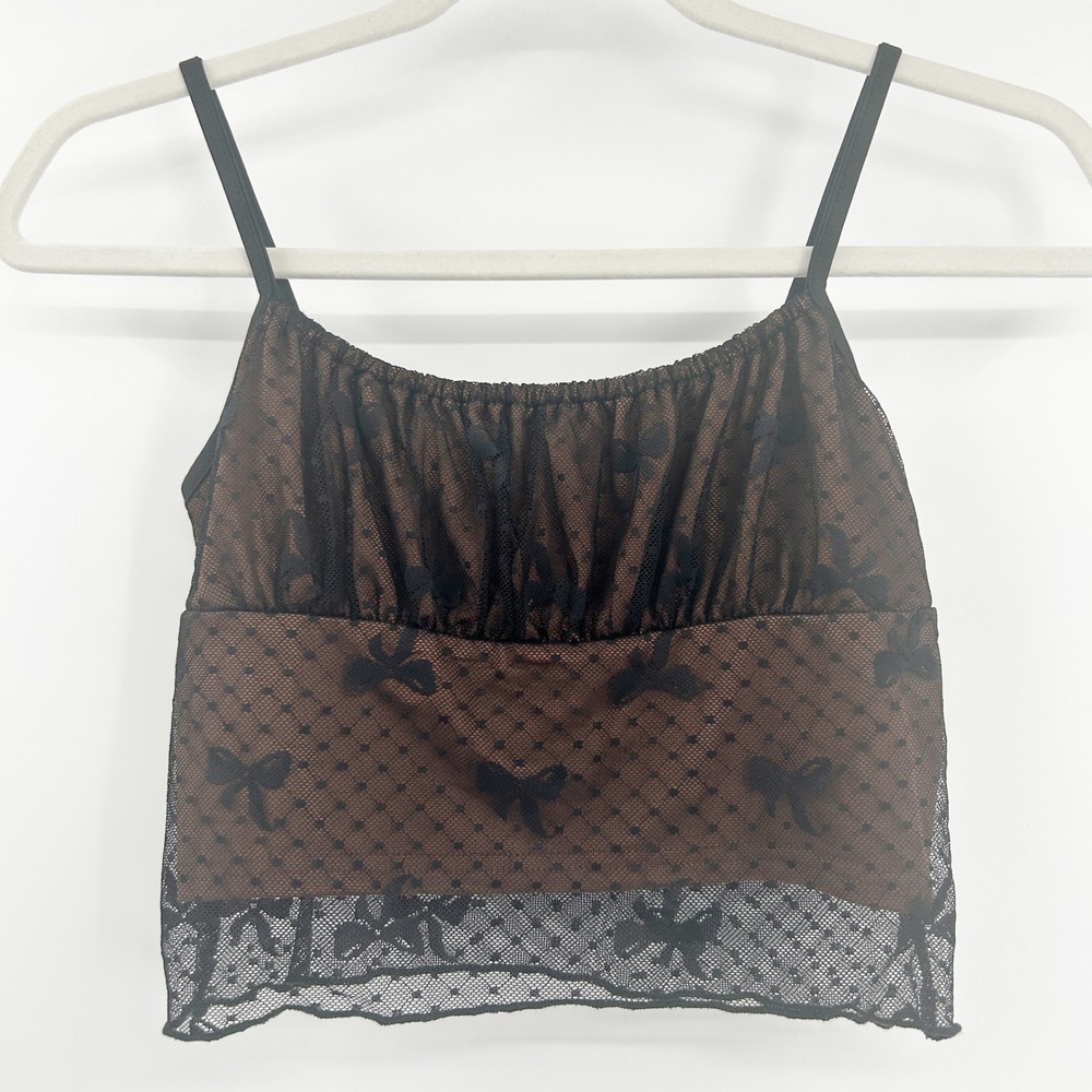 Romwe Womens Whimsigoth Dark Mesh Bow Embroidered Lace‎ Cami Tank Top Size S
